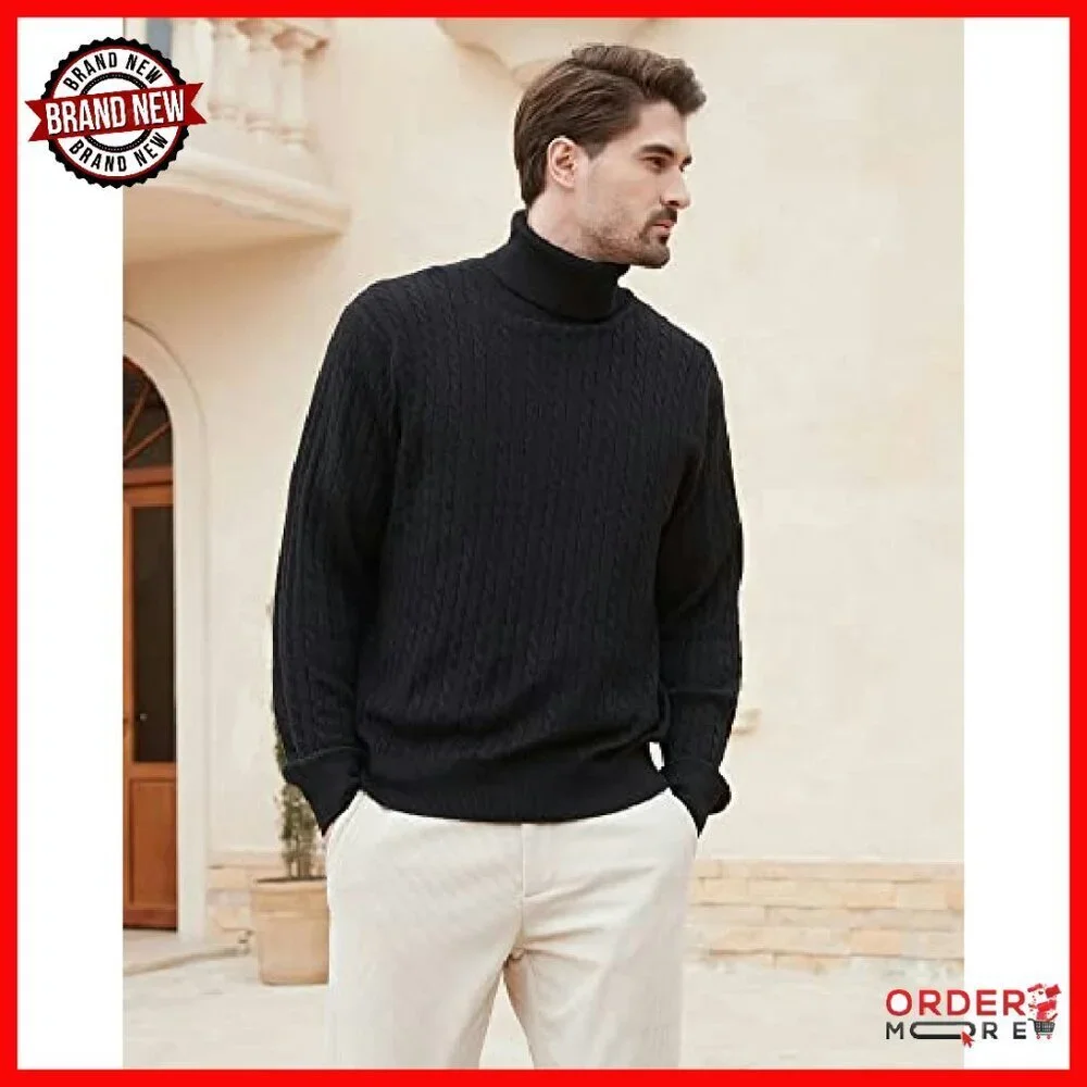 Men's Lightweight Wool Blend Cable-Knit Turtleneck Pullover Sweater